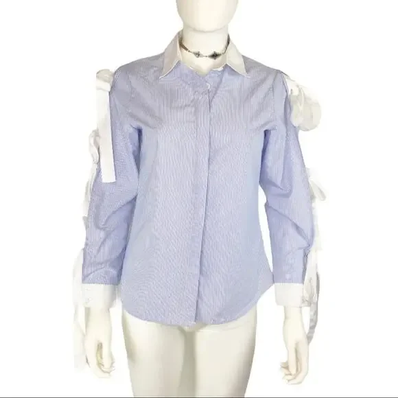 Haute Rogue NWT Blouse Blue & White Striped with Bow Sleeve Top - Picture 3 of 6